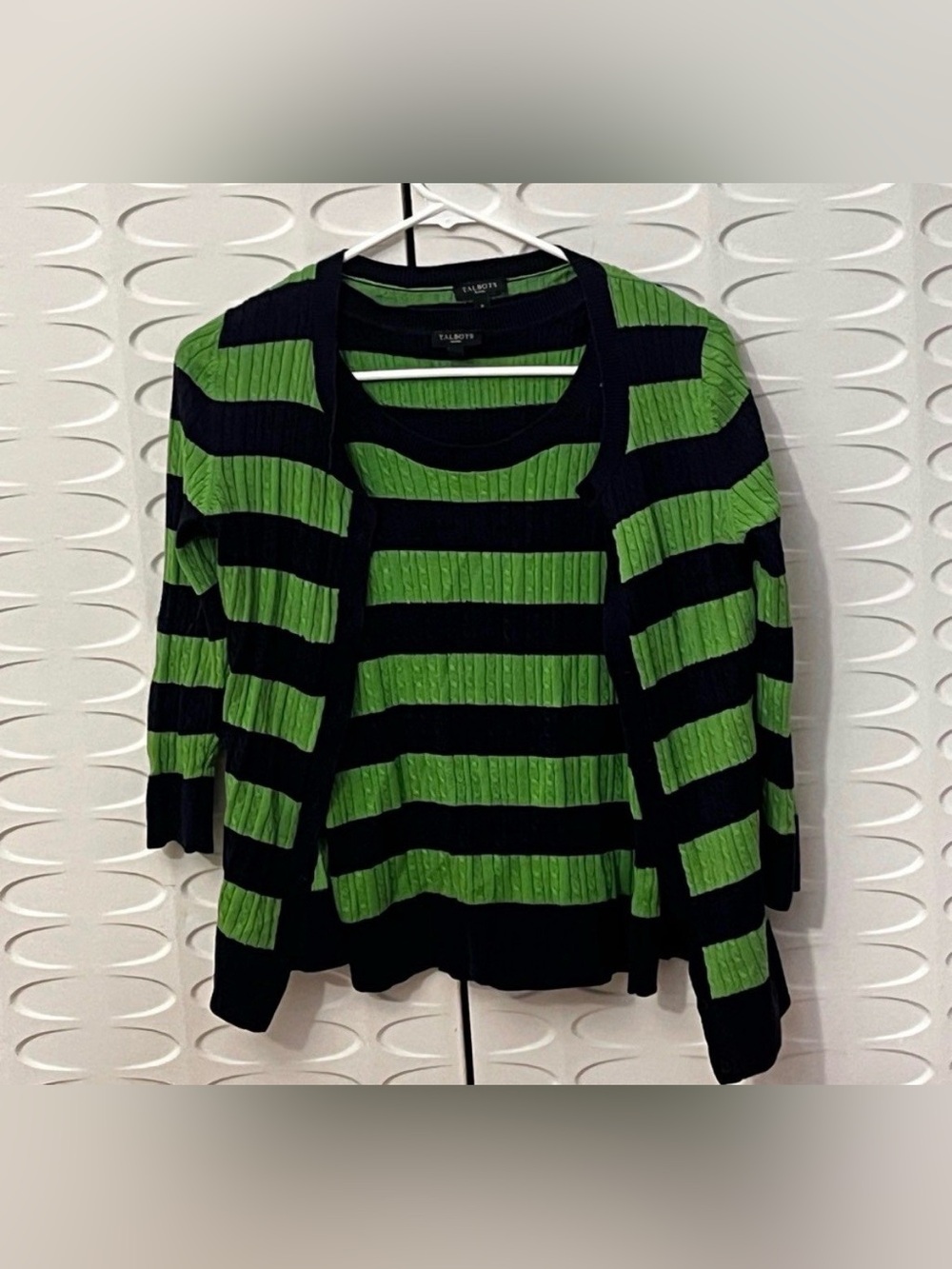 Talbots Petite Small Green Navy Striped Sweater Set